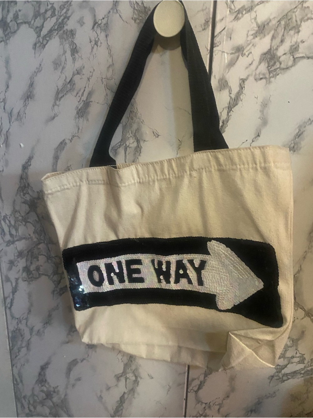 Pink Canvas Tote Bag with 'ONE WAY' Sequin Arrow - Black & pink